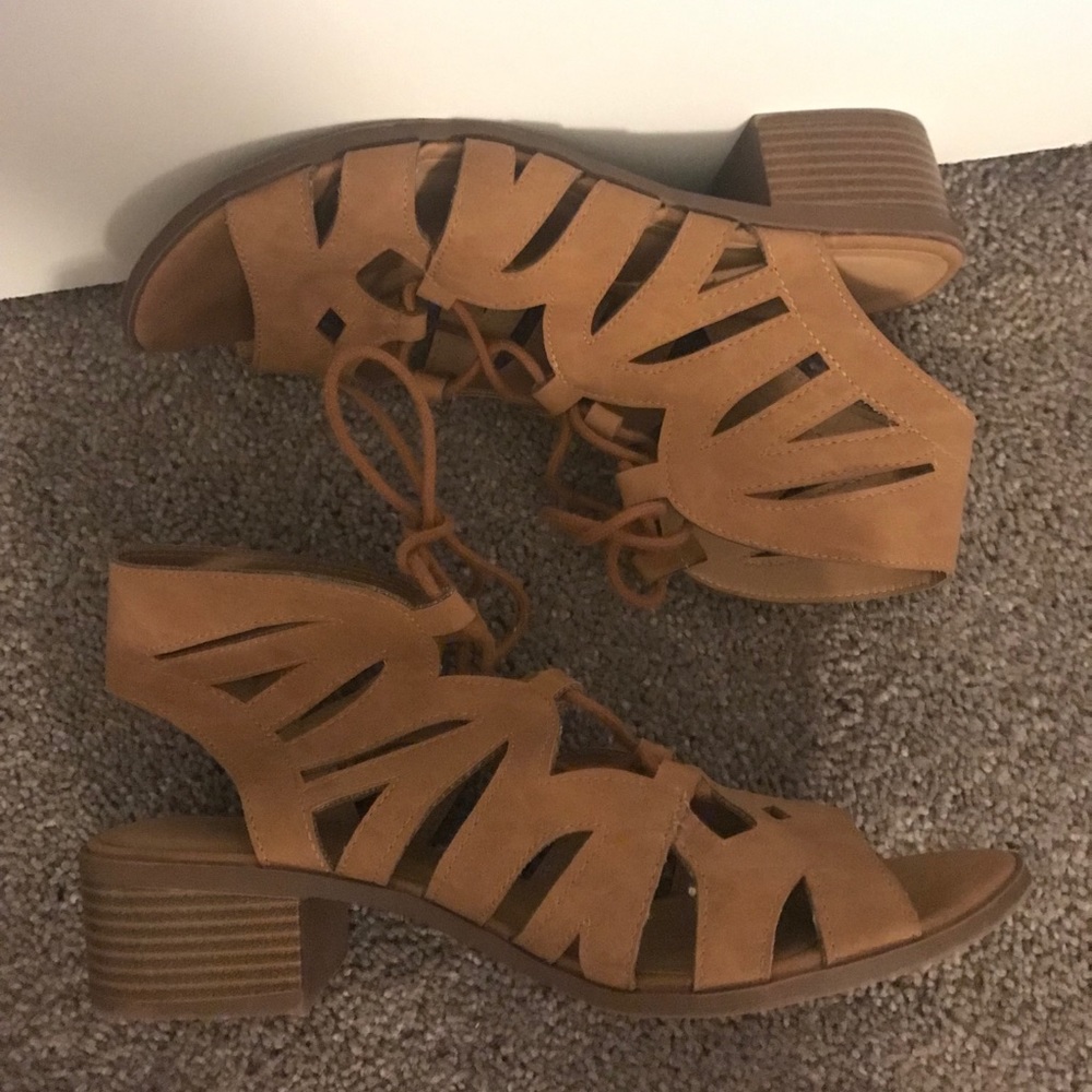 Tan Open Toe Cutout lace up heeled sandals